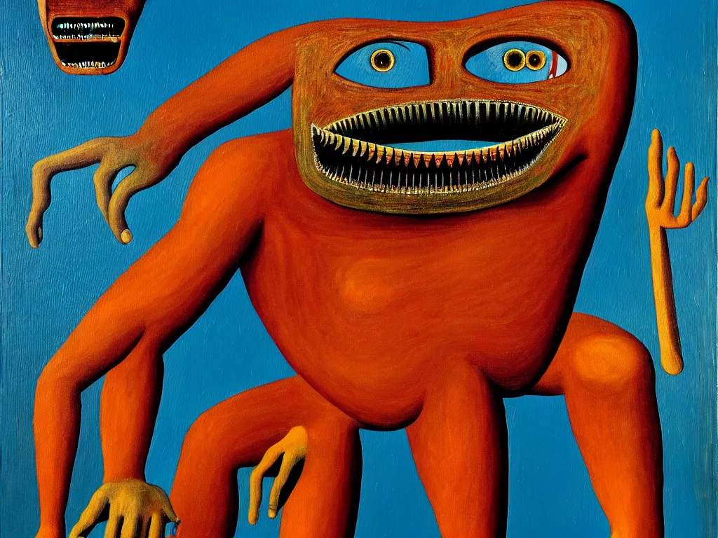 Image similar to a painting of a hominid with a hand face with a centered eye, mouth with sharp teeth centered on the belly, legs that melt into a foresthighly detailed, 4 k, art by max ernst