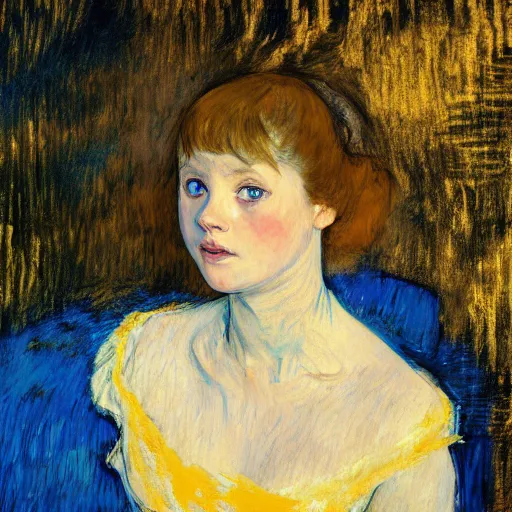 Image similar to palette knife oil painting portrait of a ivory girl in an haunted liminal blue and gold room, film still by goya, by henri de toulouse - lautrec, by klimt, by pontormo, extreme detail, liminal aesthetic, artgerm, deviant art, octane, substance, art history 8 k, art nouveau