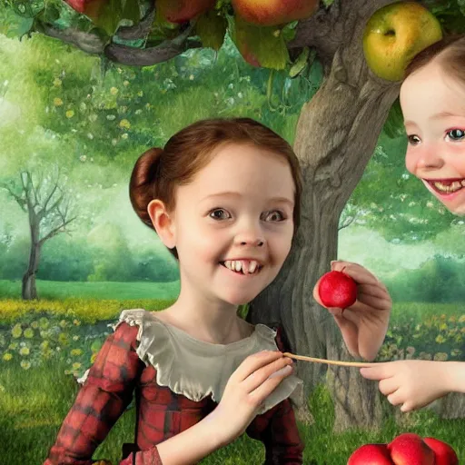 Image similar to a portrait of a beautiful little girl feeding an apple to a skeleton horse, the girl looks happy and have bright eyes and a porcelain face, matte painting 3 d watercolour rendering, in the style of lilia alvarado and mc escher!