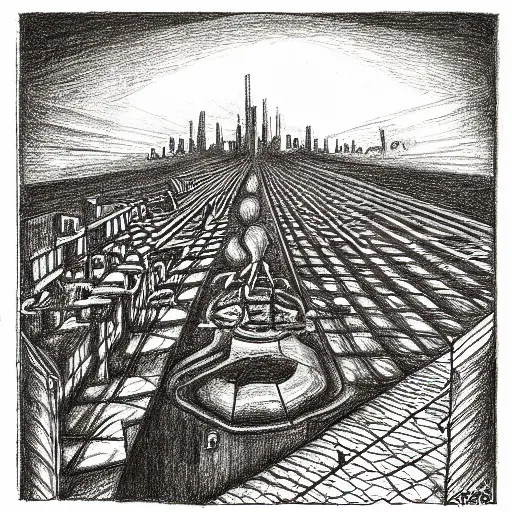 Image similar to apocalypse as drawn by escher using charcoals