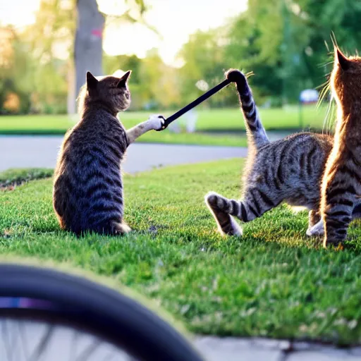 Image similar to cats stealing bycicles in a park in the afternoon, dslr photo