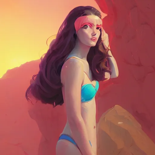 Prompt: portrait of besutiful woman in bathing suit, maya ali mage, gloomhaven, dynamic lighting, gaudy colors, octane render aesthetic, matte painting concept art, official fanart behance hd artstation by jesper ejsing, by rhads and makoto shinkai and lois van baarle and ilya kuvshinov and rossdraws