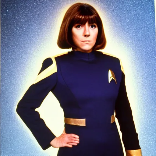 Image similar to a full body photograph of sarah jane smith as a star fleet science officer from star trek next generation, full dress uniform, symmetrical face, extreme realism and detail, 8 k, completely framed, direct lighting, 3 5 mm photo, photorealistic, sharp focus