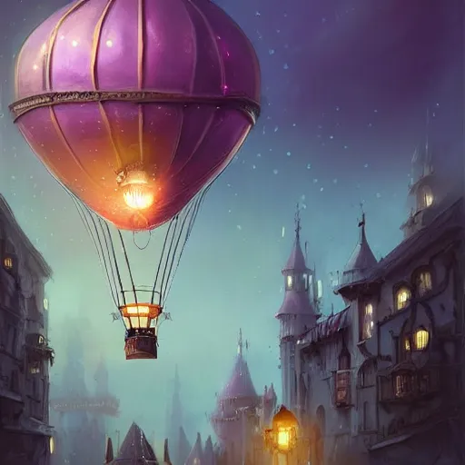 Prompt: a beautiful stunning fantasy whimsical matte digital illustration of a scene of a steampunk hot - air balloon over a lit steampunk city with a clock tower at night by marc simonetti, pastel color palette, disney magic the gathering steampunk!!!, chiaroscuro magical! bokeh moon stars dramatic romantic! epic breathtaking, trending on artstation hq, masterpiece