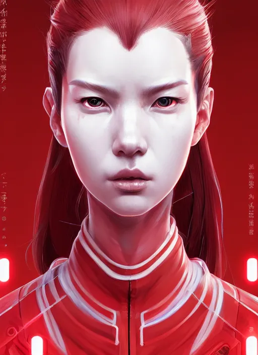 Prompt: portrait of a bizzare creature, red and white techwear, flowing ponytail hair, tacticool, symmetry face, science fantasy, extremely detailed, holographic, smooth, digital illustration, by, kuvshinov ilya, james jean, by rossdraws, frank franzzeta, sakimichan, jeremy lipking