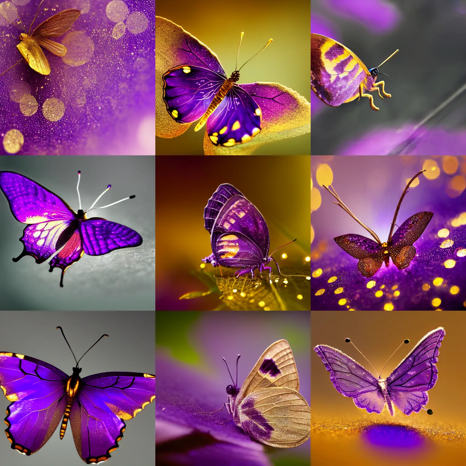 Prompt: intricate macro phototography of a sparkling amethyst gold butterfly, bokeh, magical, glowing fog, trending on artstation