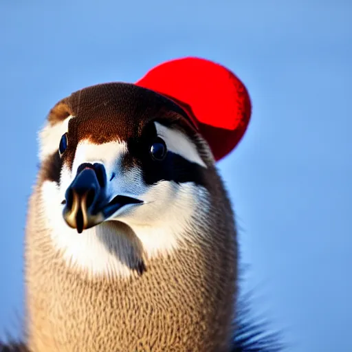 Prompt: Canadian Goose with a funny hat, Portrait Photo, Out of focus