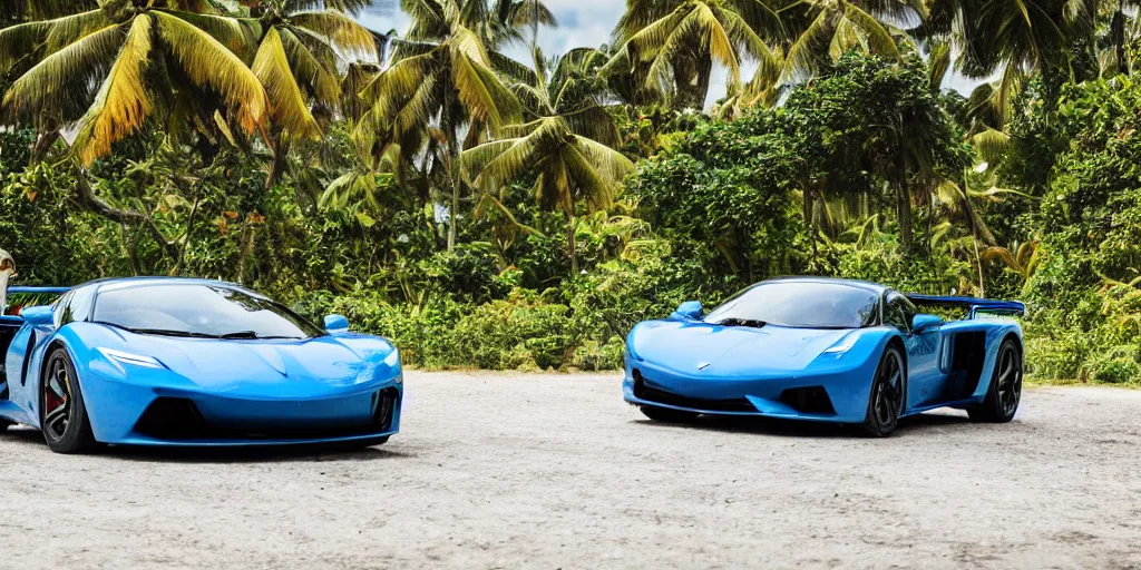 Prompt: a photograph of a supercar running in a tropical island