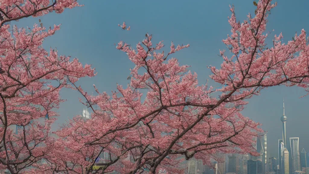 Image similar to a watercolor of Peach blossoms bloom along the Shanghai skyline, The soft pinks and greens of the flowers are offset by the blue of the sky and the gray of the cityscape. HD, Octane render 8K,