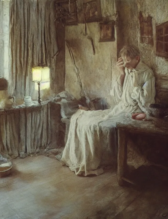 Image similar to peasant boy praying in country house, cottage core, cinematic focus, polaroid photo bleached vintage pastel colors high - key lighting, soft lights, foggy, by steve hanks, by lisa yuskavage, by serov valentin, by tarkovsky, detailed, oil on canvas