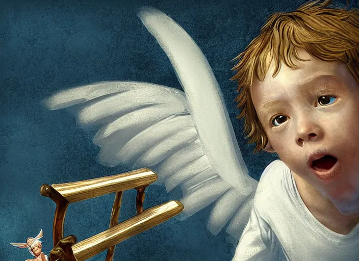 Image similar to angel rescuing little boy from a bad dream with marching drum, highly detailed, sharp focus, digital painting