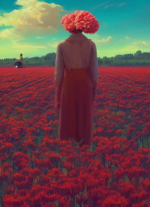 Image similar to portrait of a woman, face made of giant carnation, flower field, surreal photography, sunset dramatic light, impressionist painting, colorful clouds, large sky, digital painting, artstation, simon stalenhag