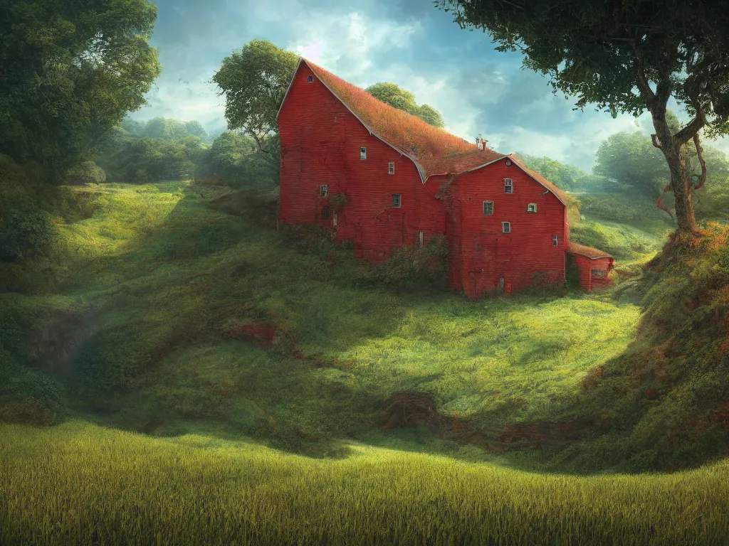 Image similar to Intricate detailed lush ravine with a single isolated red barn next to a wheat crop at noon. Wide angle shot, surreal, dreamlike, Artstation, Marc Simonetti.