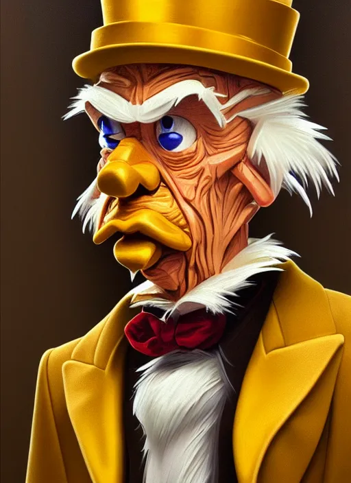 Image similar to oil portrait of scrooge mcduck, intricate, elegant, highly detailed, lighting, painting, artstation, smooth, illustration, art by greg rutowski and alphonse mucha