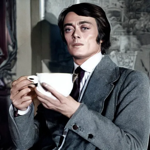 Prompt: Still in technicolor of Alain Delon holding a tea cup and a madeleine fromage the 1973 film by Luchino Visconti In search of lost time