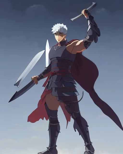 Image similar to powerful muscular warrior with a greatsword, fully clad in plate armor and wearing a cape, dramatic action pose, square masculine jaw, short messy hair, trending on pixiv fanbox, by greg rutkowski makoto shinkai takashi takeuchi studio ghibli, akihiko yoshida