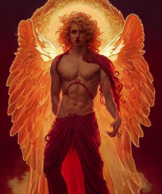 Image similar to symmetrical fullbody portrait of a beautiful young fit male angel with curly blond hairs, full dressed in long fluent red clothes, majestic big demon wings, luminous fire halo, by greg rutkowski and alphonse mucha, gradient white to gold, in front of an hellish background, highly detailed portrait, digital painting, artstation, concept art, smooth, sharp focus illustration