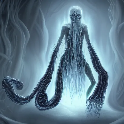 Prompt: concept designs of an ethereal ghostly wraith like figure with a squid like parasite latched onto its transparent skull and long tentacle arms that flow lazily but gracefully at its sides like a cloak while it floats around a frozen rocky tundra in the snow searching for lost souls and that hides amongst the frosted trees, this character has hydrokinesis and electrokinesis for the franchise Bloodborne in the style of arcane the series on netflix