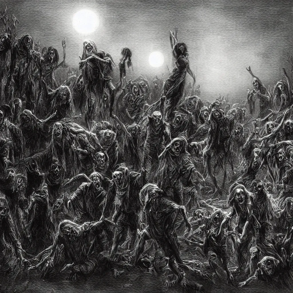 Prompt: night of the living dead, creepy atmosphere, dark, realistic, illustration by gustave dore