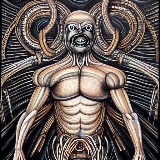 Image similar to beautiful painting of a thousand-eyes cleaver-headed muscular chef in the style of Welder Wings and H. R. Giger. Dark background, detailed, trending on Artstation