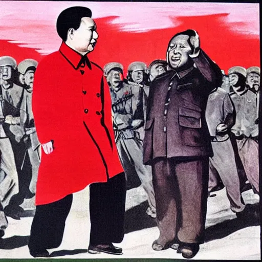 Prompt: mao zedong fights with lenin on the red sky