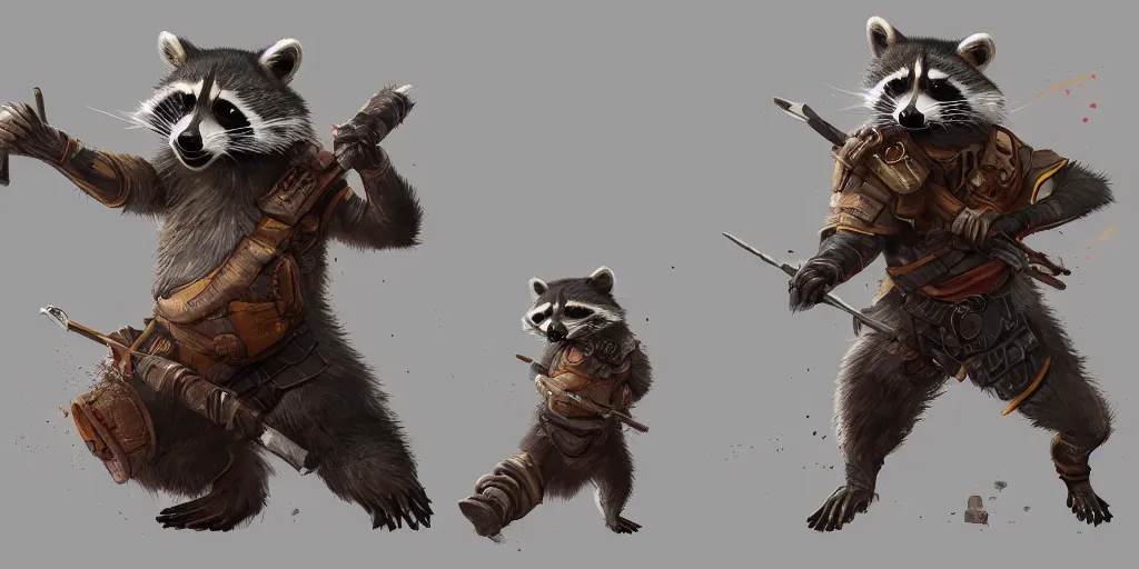 Image similar to raccoon tough warrior, character sheet, colorful, contrast, 3 d scene, greg rutkowski, zabrocki, karlkka, jayison devadas, trending on artstation, 8 k, ultra wide angle, zenith view, pincushion lens effect