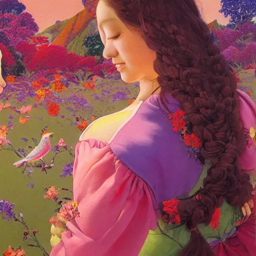 Image similar to A beautiful painting of a woman is shown from behind, her body slightly blurred as if in motion. Her long hair cascades down her back, and she is holding a small bird in her hand. full of color by Hikari Shimoda, by Maxfield Parrish, by Siya Oum rendered in octane