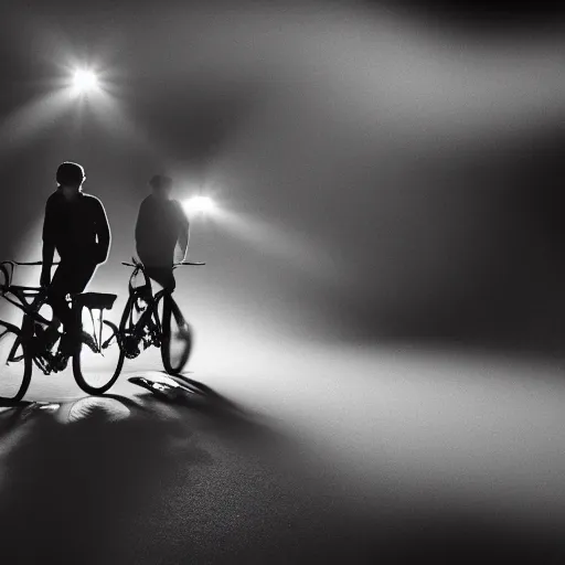 Prompt: two guys using one bicycle as a stroboscope in front of an audience, techno, foggy, dark, intense, rendering, high details