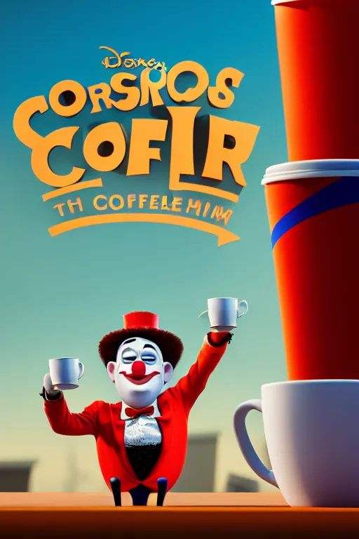 Prompt: portrait of a clown holding a cup of coffee with the circus in background, full body. pixar disney 4 k 3 d render funny animation movie oscar winning trending on artstation and behance