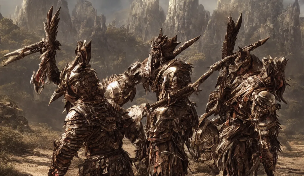 Image similar to panorama photo of two ancient tribesman in armor from monster hunterin the distance, they have futuristic weapons and stands in front of attacking barbarian horde in the background, back shot, muscular bodies, dramatic lighting, cinematic, establishing shot, extremely high detail, photorealistic, 300 the movie,monster hunter the movie, monster hunter, cinematic lighting, artstation, octane render, western,old photo, vintage