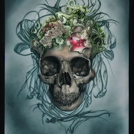 Image similar to a beautiful detailed front view portrait of a rotten woman corpse becoming a skull with fractal plants and fractal flowers and mushrooms growing around, baroque, volumetric light, beautiful lit, polaroid photography