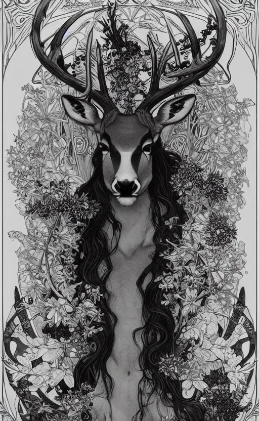 Image similar to black and white deer, with highly detailed with red flowers, long flowing mane and tail, ultra high detail, symmetry, in a hellscape, detail art style of alfons maria mucha, and peter mohrbacher atyles god lighting