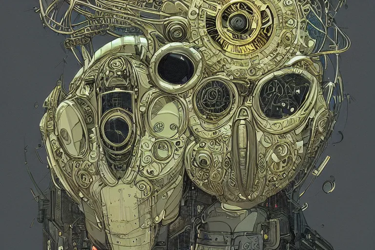 Prompt: a study of cell shaded of a neofuturistic very highly detailed ornate flying cyborg owl, Golden Ratio illustration golden ratio, post grunge portrait, character concept art by josan gonzalez, james jean, Mike Mignola, Laurie Greasley, highly detailed, sharp focus, alien, Artstation, deviantart, artgem