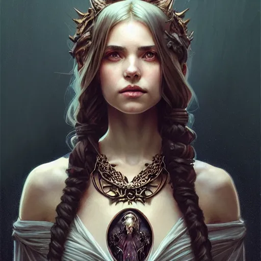 Prompt: Portrait of a young female necromancer wearing a necklace with small bird skulls, epic dark fantasy, medium shot, intricate, elegant, highly detailed, digital painting, artstation, concept art, smooth, sharp focus, illustration, art by artgerm and greg rutkowski and alphonse mucha