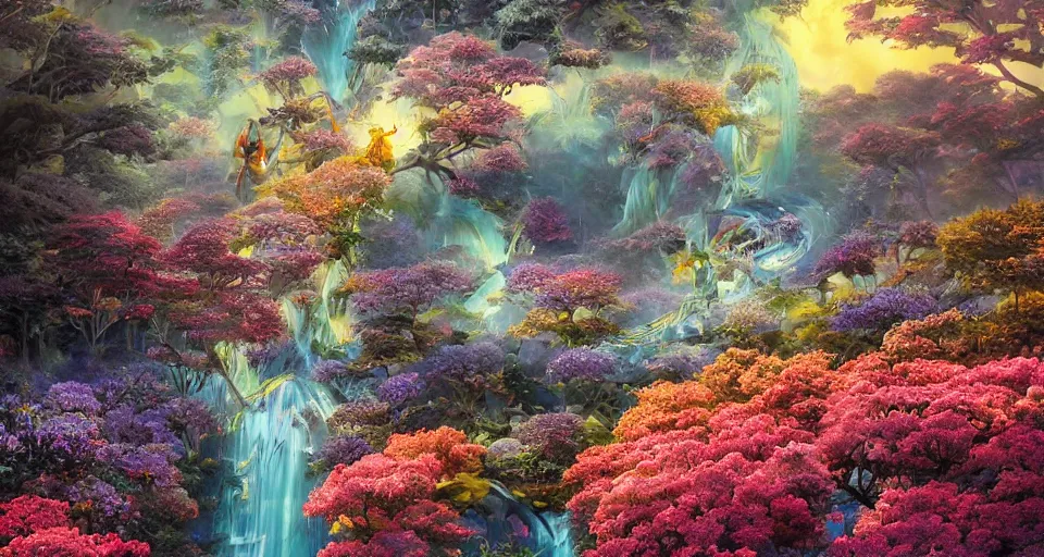 Prompt: a large mystic shrine in a field of flowers, hiroshi nagai, john berkey, mad dog jones, breath - taking beautiful flowers, streams, nebula, and mist, an aesthetically pleasing, dynamic, energetic, lively, complex, intricate, detailed, well - designed digital art of magic, streams, flowers, and mist, early morning, light and shadow