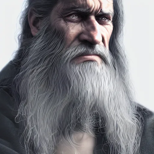 Prompt: a highly detailed portrait of a man without a beard, purple eyes, light gray long hair, wearing a black cloak, artstation, DeviantArt, professional, octane render