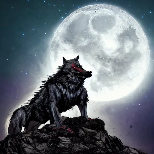 Image similar to werewolf transforming on top of a mountain in the moonlight