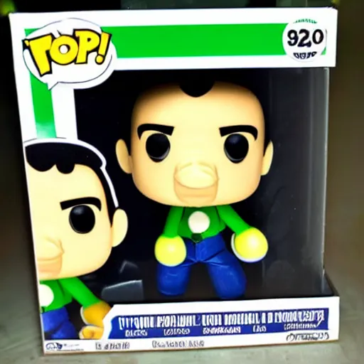 Image similar to Luigi wearing suit, as a Pop Funco Figure,