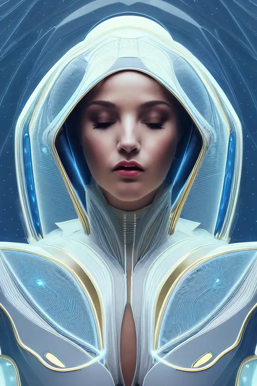 Image similar to detailed portrait glam cyber noun, attractive feminine curves, intricate, scifi, futuristic, elegant cape, elegant, alien room background, white, blue, gold, photorealism, trending on artstation, holy halo, advanced technology, art by moebius and vitaly bulgarov and chanthara