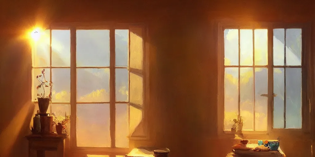 Image similar to rays of the morning sun shining through the window of the village house. very beautiful, clear sky, warm shiny colors, oil painting, high detail, trending on artstation