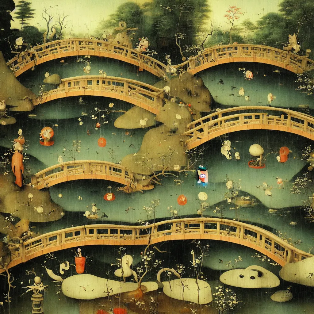 Image similar to Japanese Garden with bridge by Hieronymus Bosch and James Jean, Ross Tran, surreal oil painting, highly detailed, dream like, masterpiece