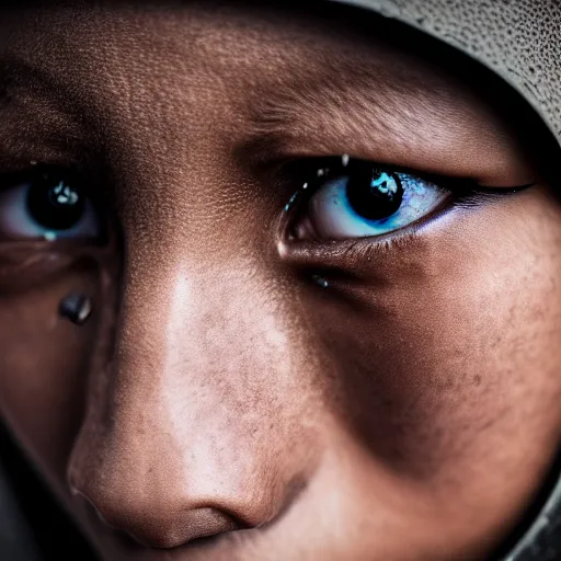 Image similar to photographic portrait of a poor techwear woman with tears in her eyes, closeup, sigma 85mm f/1.4, 4k, depth of field, high resolution, 4k, 8k, hd, full color