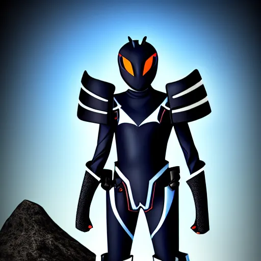 Prompt: High Fantasy Kamen Rider standing in a rock quarry, single character full body, 4k, glowing eyes, daytime, rubber suit, dark blue armor, segmented armor, centered