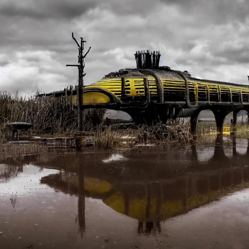 Image similar to post - apocalyptic magic kingdom, wasteland, submerged, monorail, abandoned, wet, swamp, swamp gas, nuclear fallout, yellow mist, yellow sky, dark clouds, walt disney world, highly detailed, intricate, 8 k