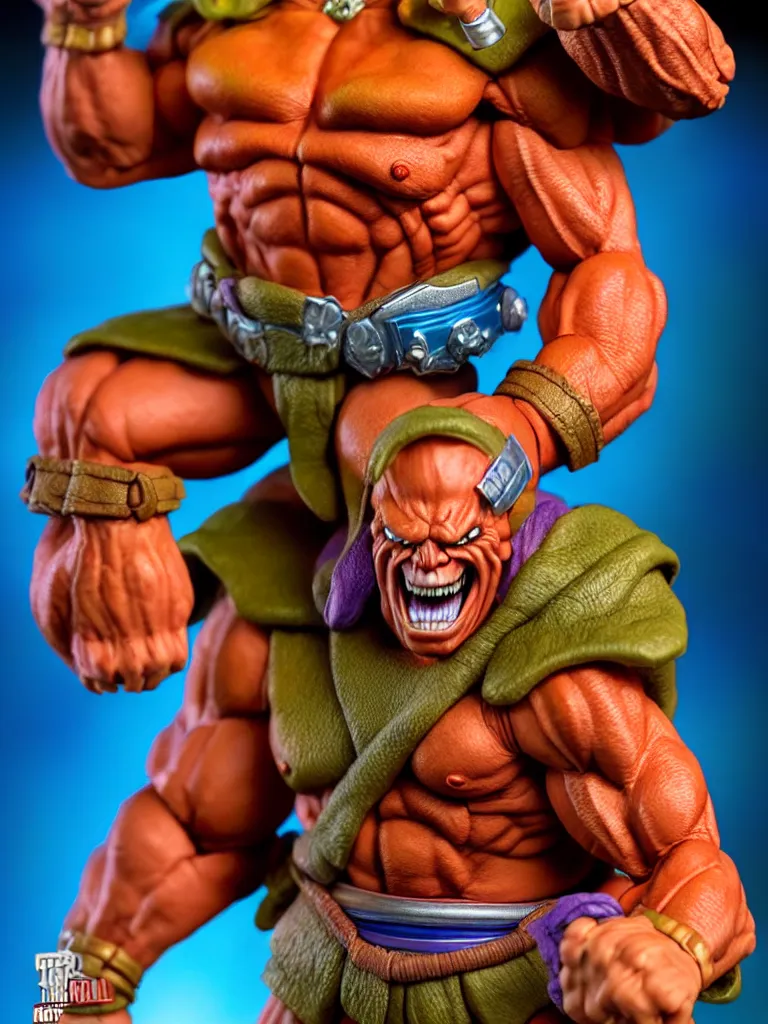 Image similar to hyperrealistic rendering, he - man by art of skinner and richard corben and jeff easley, product photography, action figure, sofubi, studio lighting, colored gels