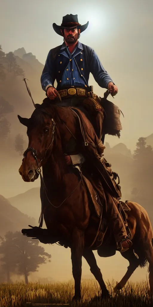 Image similar to the lonely cowboy, red dead redemption 2, extremely detailed digital painting, in the style of fenghua zhong and ruan jia and jeremy lipking and peter mohrbacher, mystical colors, rim light, beautiful lighting, 8 k, stunning scene, raytracing, octane, trending on artstation