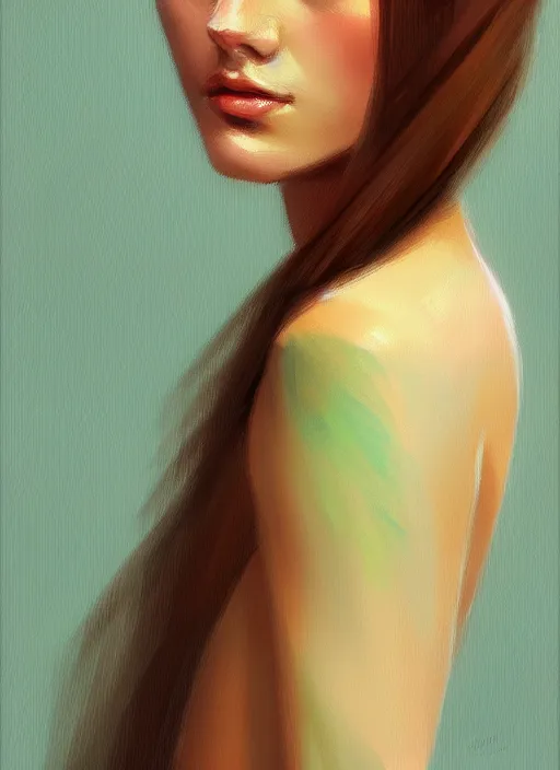 Image similar to portrait of a gorgeous young woman in the style of stefan kostic, green eyes, long brown hair, artstation, concept art