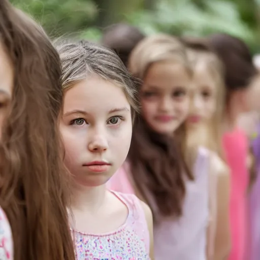 Image similar to 1 0 girls lined up of different ages from left to right, 5 0 mm lens, f 1. 4, sharp focus, ethereal, emotionally evoking, head in focus, volumetric lighting, blur dreamy outdoor,