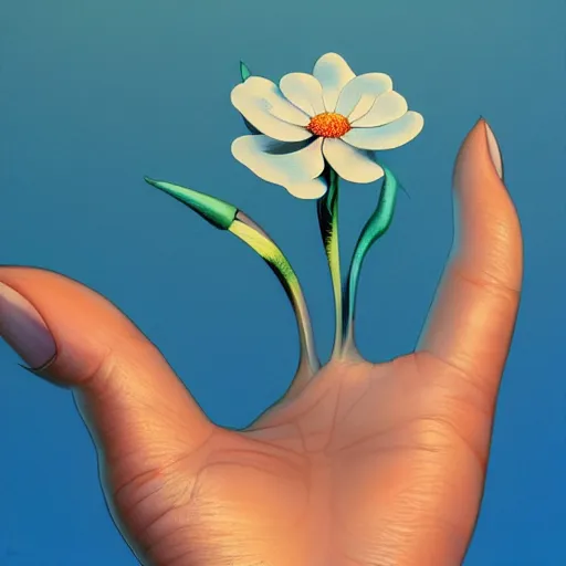 Prompt: close - up of a woman's hand holding a transparent flower, blue sky art by peter lloyd, 1 9 8 0's art, airbrush style, art by hajime sorayama,, intricate, elegant, sharp focus, illustration, highly detailed, h 8 0 0