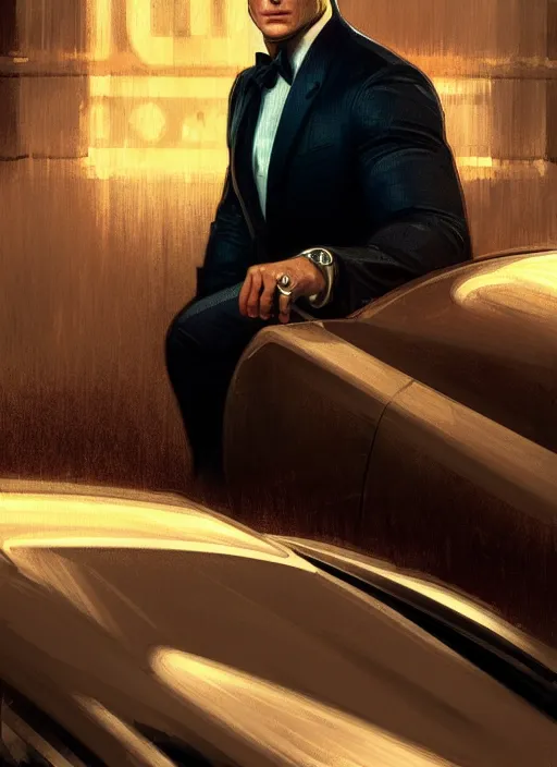 Image similar to portrait of henry cavill as james bond, casino, rain, aston martin, havana, highly detailed, digital painting, artstation, concept art, cinematic lighting, sharp focus, illustration, by gaston bussiere alphonse mucha